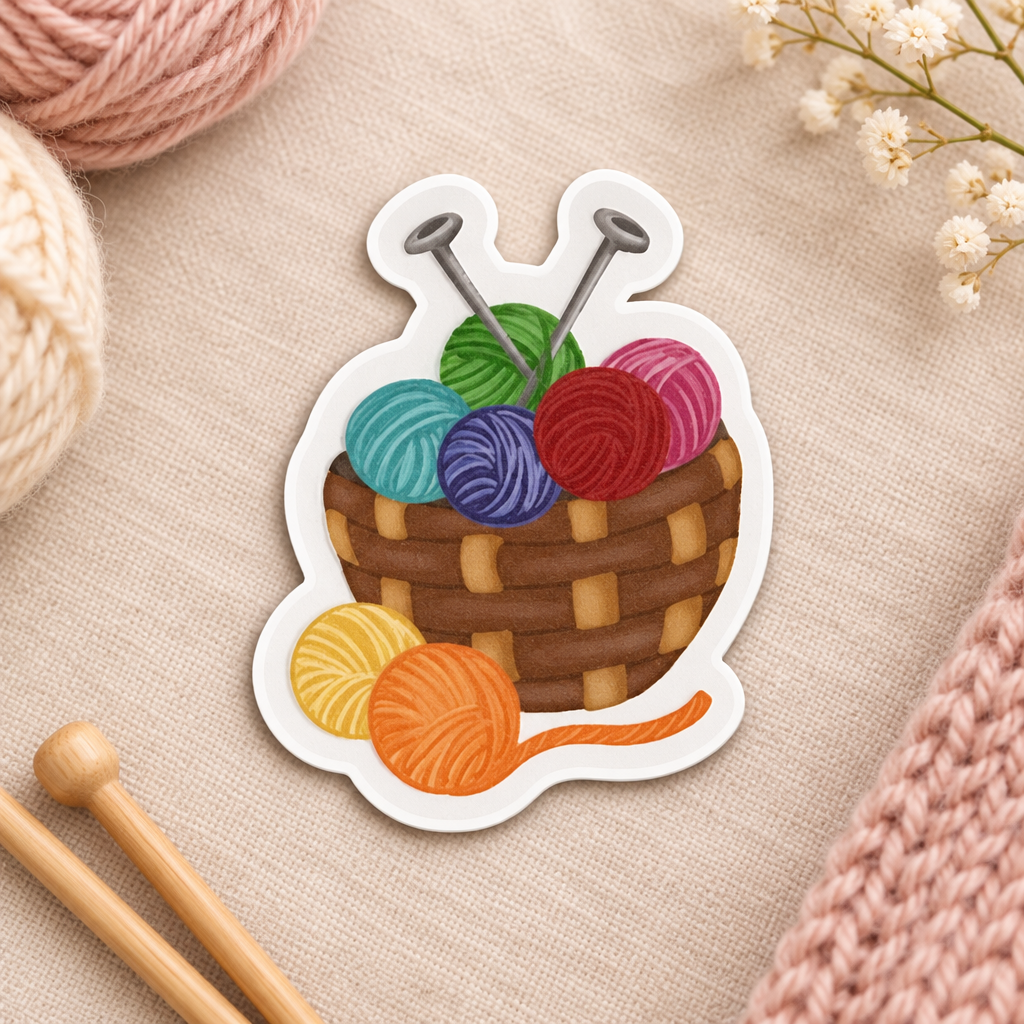 Knitting Needles with Yarn – 1.57" x 2" Clear Vinyl Sticker