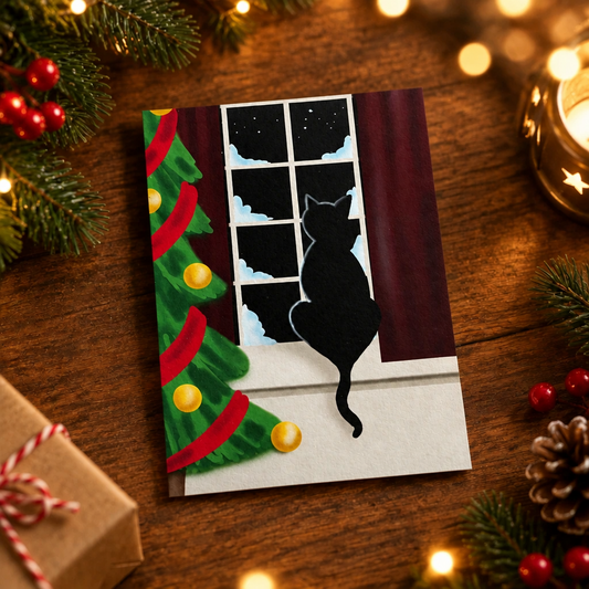Christmas Cat by the Window – 5" x 7" Blank Greeting Card